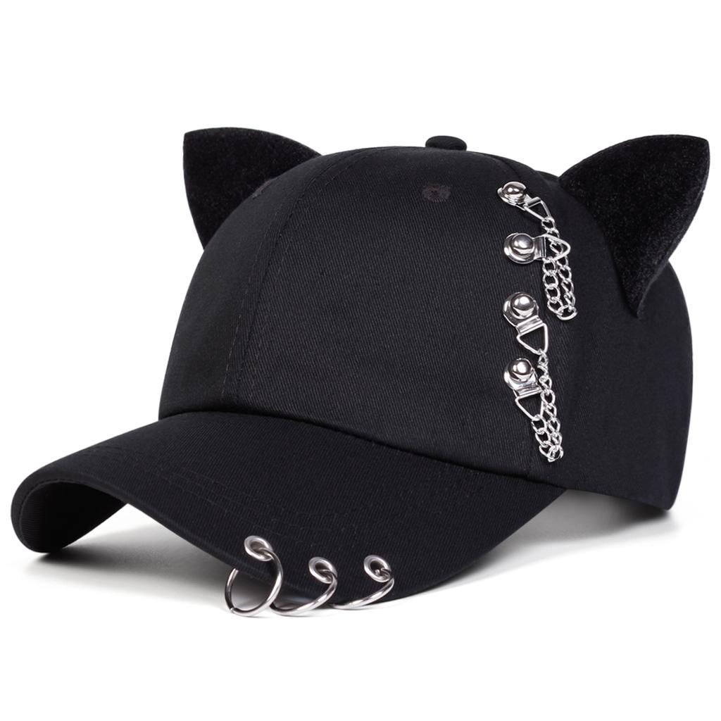 Men Gothic Cat Ear Baseball Cap Chain Iron Ring Outdoor Adjustable Sunscreen Leisure Hat Spring Autumn Travel Tourism Beach Vacation
