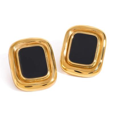 Youthway Stainless Steel Retro Texture Rectangle Black Resin Stud Earrings For Women Waterproof Skin-Friendly Jewelry