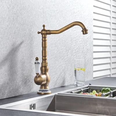 Antique Brass Kitchen Faucet Hot & Cold Mixer Tap Single Hole Bathroom Faucet Rotatable Crane Blue and White Porcelain Handle