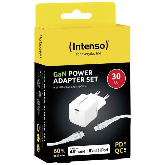 Intenso W30C GaN + C315L Chargeur USB 30 W 1x USB-C®, 1x Apple Lightning blanc intérieure GaN, USB Power Delivery (USB-