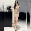 Petite High-End V-Neck Bell Sleeve Bodycon Dress with Cinched Waist Short Skirt