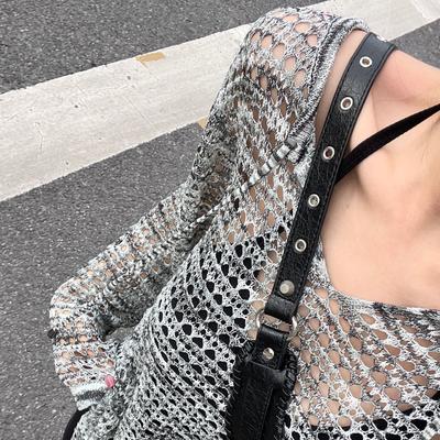 Lazy Style Long Sleeved Hollow Knitted Sweater for Women's Summer Casual Loose and Versatile Split Sun Protection Cover Shirt Trendy Top