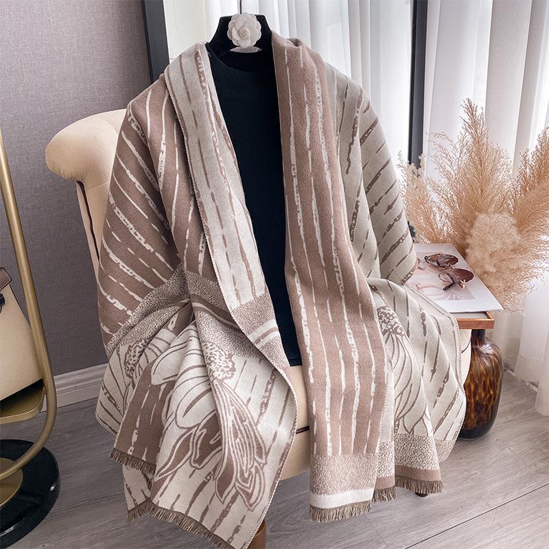Korean Version Striped Simple Style Double-Sided Imitation Cashmere Scarf Winter High-End Temperament Women'S Warm Shawl