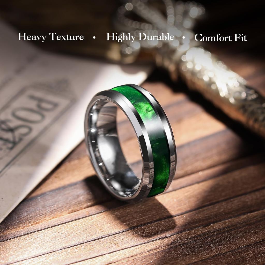 8mm Titanium Stainless Steel Rings for Men Women High Polished Inlay Green Shell Men Promise Rings Wedding Party Jewelry