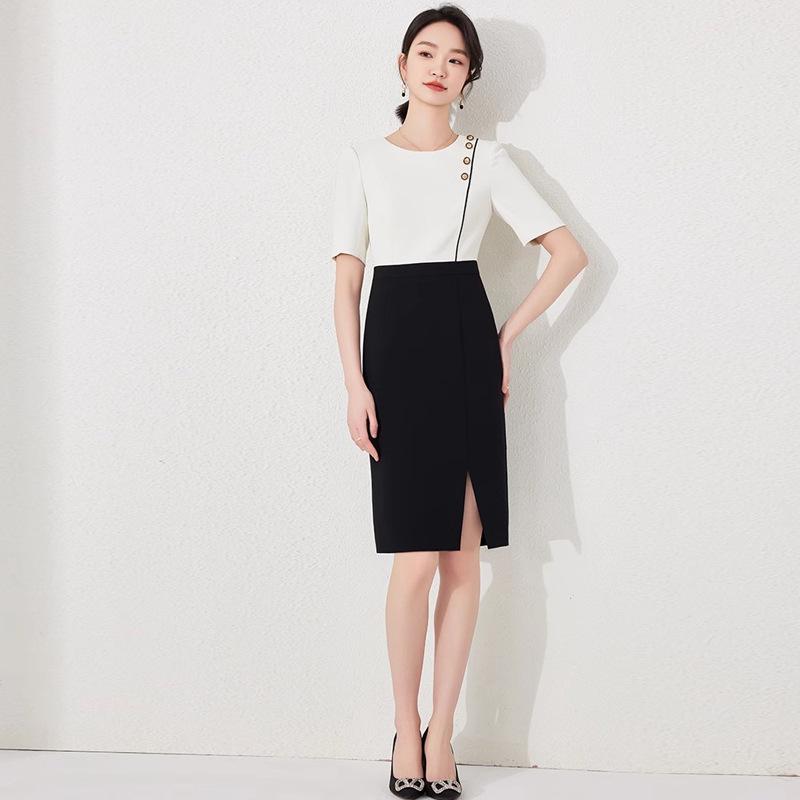 Summer Color Block Mid-Length Professional Dress for Beauty Salon & Jewelry Store Workwear