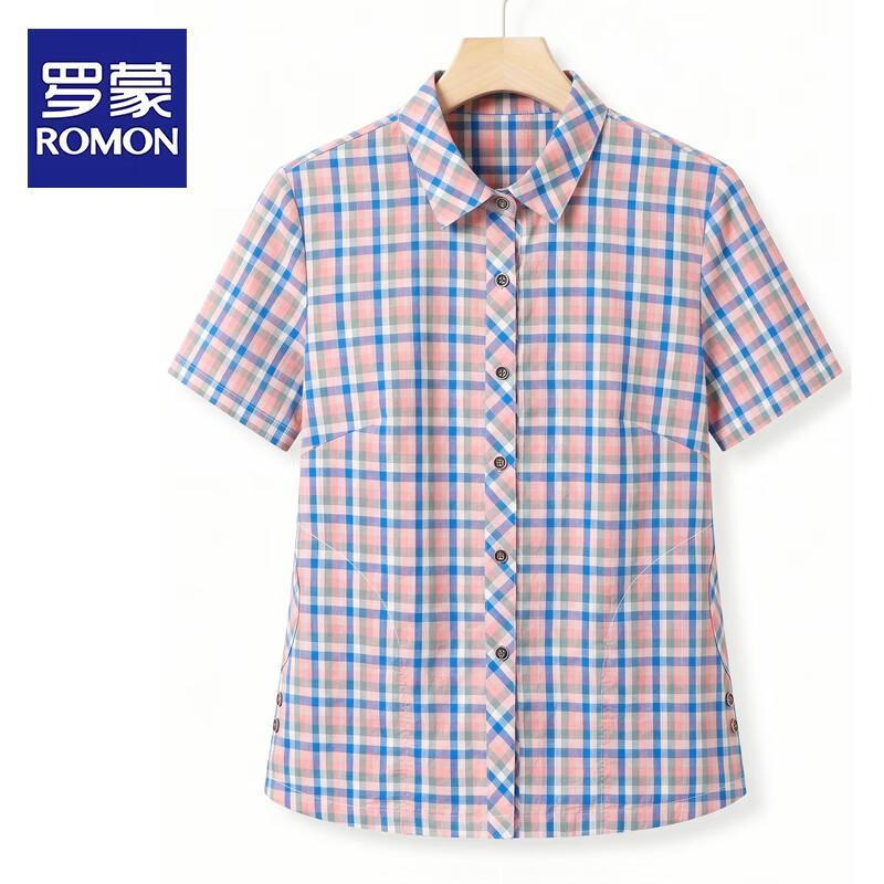 ROMON Women s Thin Plaid Short Sleeve Summer Shirt 2XL