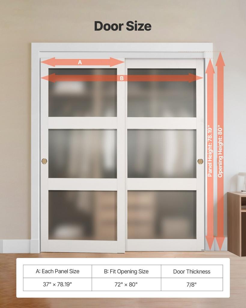 Sliding Closet Door, 1829mm (Double 940mm) x 2032 mm, 3-Lite Frosted Glass Bypass Sliding Doors with Hardware Kit, Solid Wood & MDF Slab with