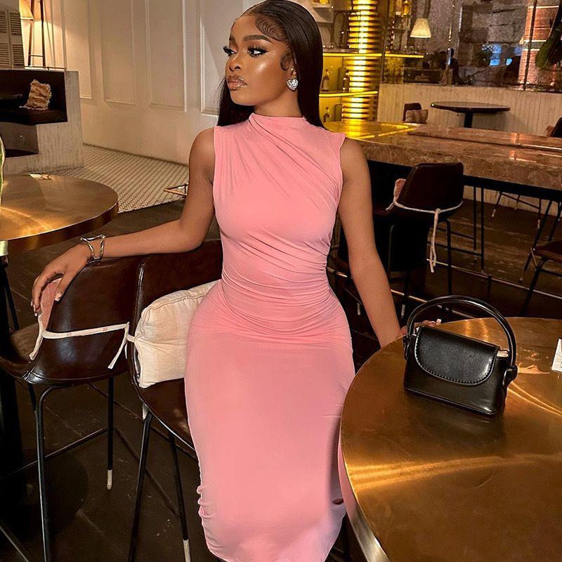 American Sexy Elegant Office Lady Skirt Pure Color Ruched Sleeveless Fashion Elegant Bodycon Slim Looking Dress