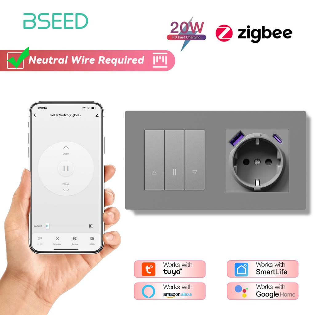 BSEED Zigbee Shutter Switch With Wall Sockets Wall Smart Click Switches Yellow Backlight Plastic Frame Tuya APP Roller Switch EU