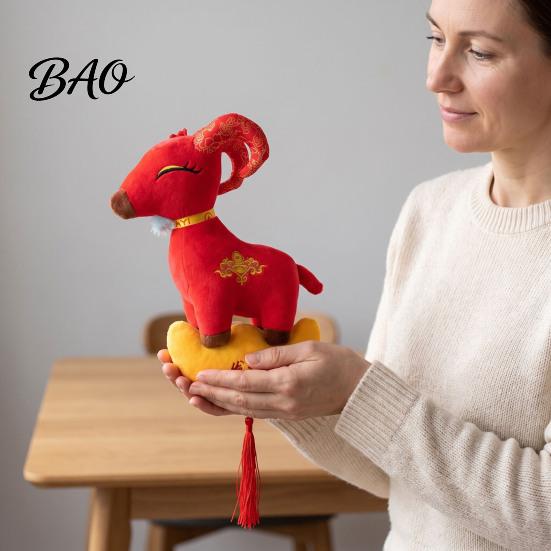Lucky Animal Pendant Chinese New Year Goat Plush Ornaments, Zodiac of Stuffed Red Festive Hanging Accessory Dolls, Embroidery Decor for Spring