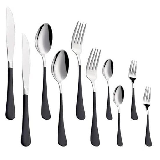 Besteckset Messer Gabel Löffel 10 Teile 2 Personen Edelstahl schlicht nahtlos integriert täglicher Gebrauch Silber/Schwarz