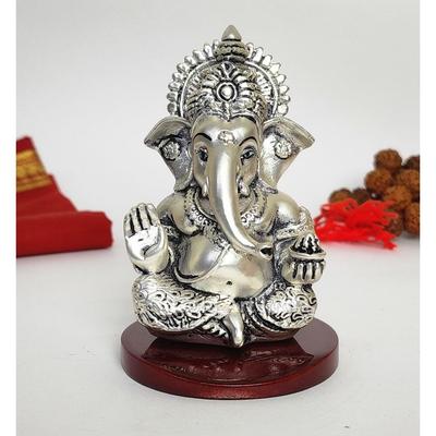 Ganpati Idol with Silver Antique Finish | Ganesha Murti for Home Decor | Ganesh Statue for Car Dashboard | Ganpati Ji Murti for Puja