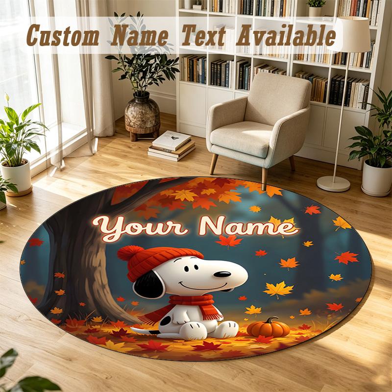Snoopy Peanuts Personalized Round Rug Support Custom Name, Soft Home Decor Mat