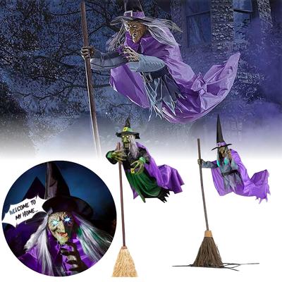 Halloween Props with Terrifying Sounds and Lights Halloween Flying Witch Broom Prop Broom Wizard Decor Outdoor Garden Yard Decor
