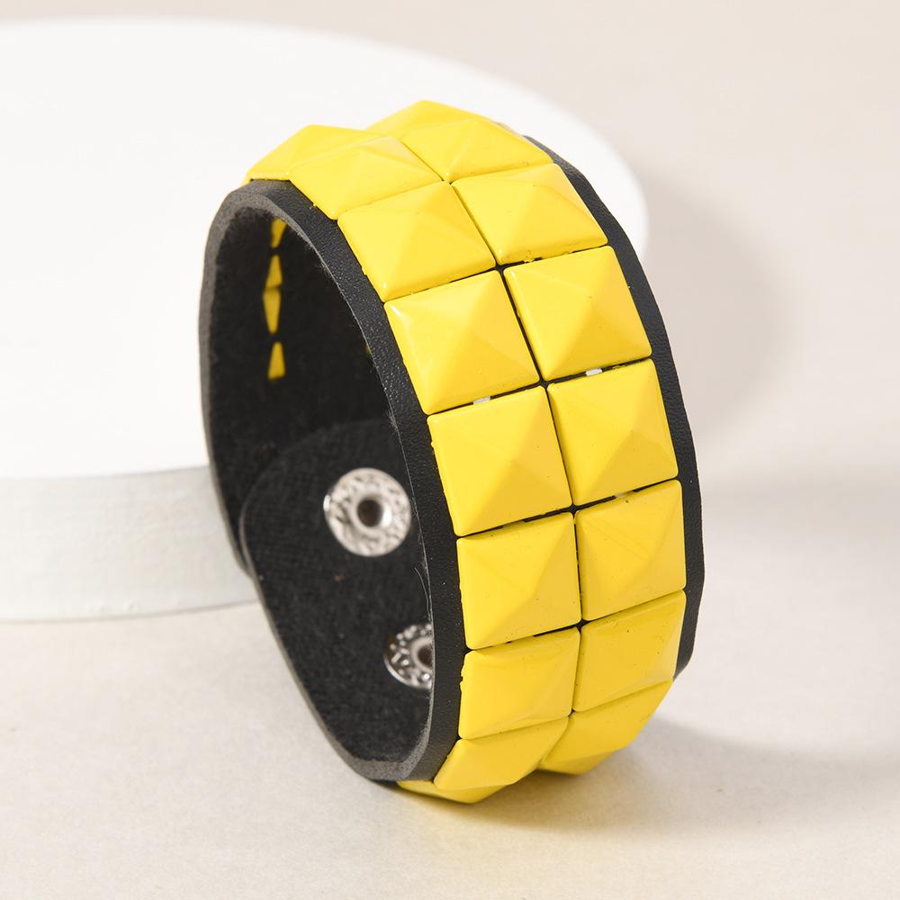 Hip Hop Rock Wide Wrap Bangle Hand Rainbow Color Block Spiked Bracelet for Men Women Punk Rivet Leather Cuff Bracelets