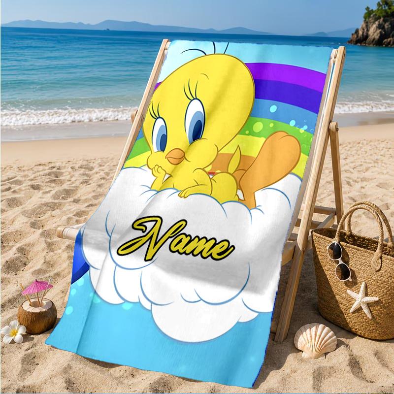 Custom Name Cute Tweety-Bird Artwork Heart In Space Adventure Microfiber Beach Towel, Lightweight for Summer Travel, Swimming Pool Fan Gift