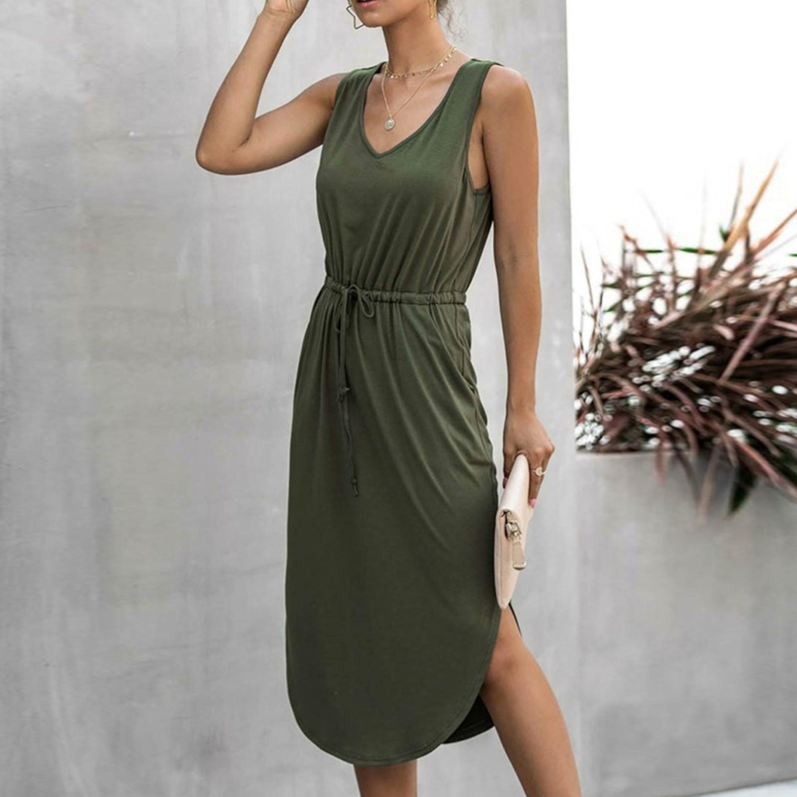 

Женское летнее повседневное однотонное сексуальное свободное платье без рукавов с v-образным вырезом на талии и шнуровкой, неровный подол M армия зеленый