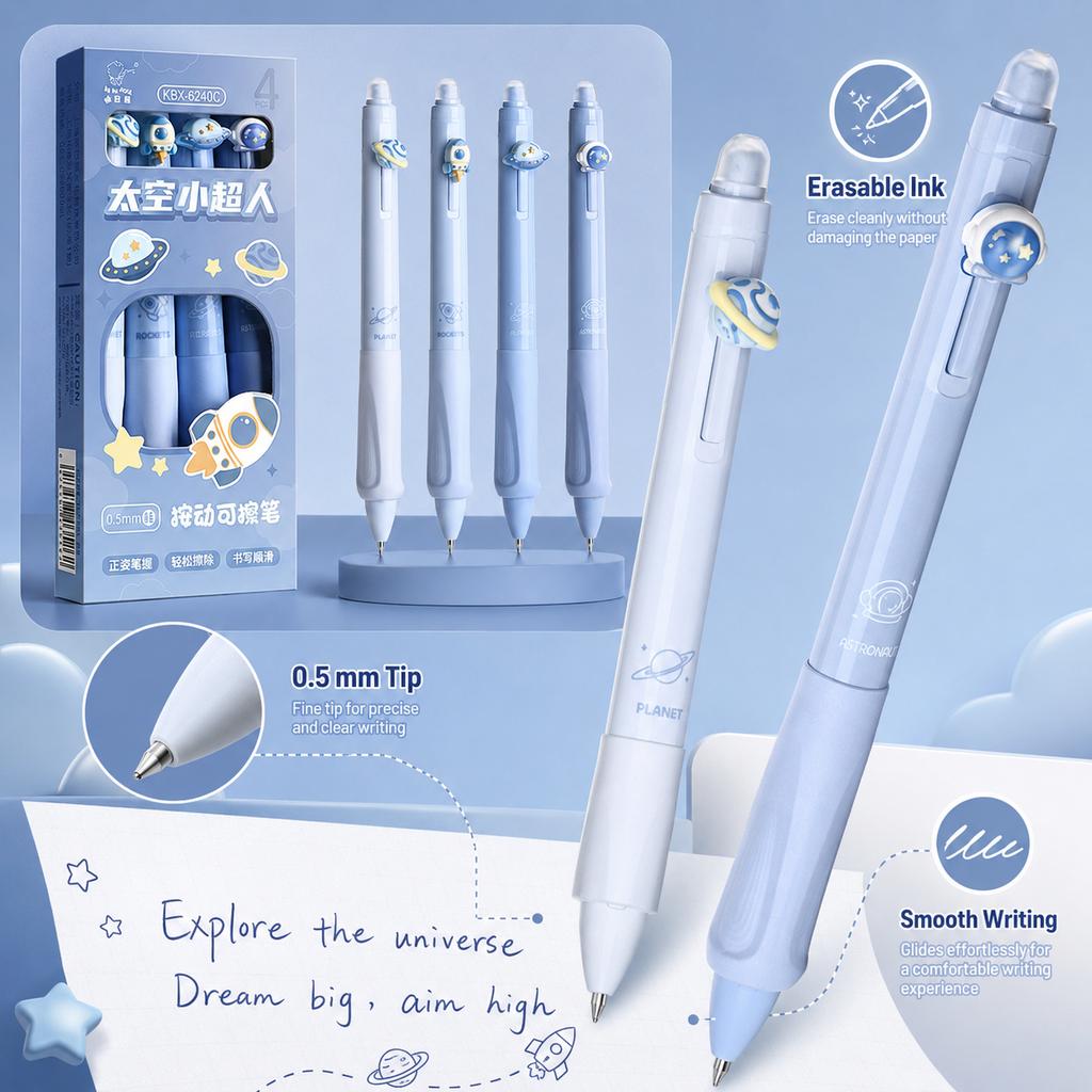 4 Pcs Creative Space Planet Erasable Pens 0.5mm Blue Ink Comfort Grip Writing Pen School Office Stationery Gift