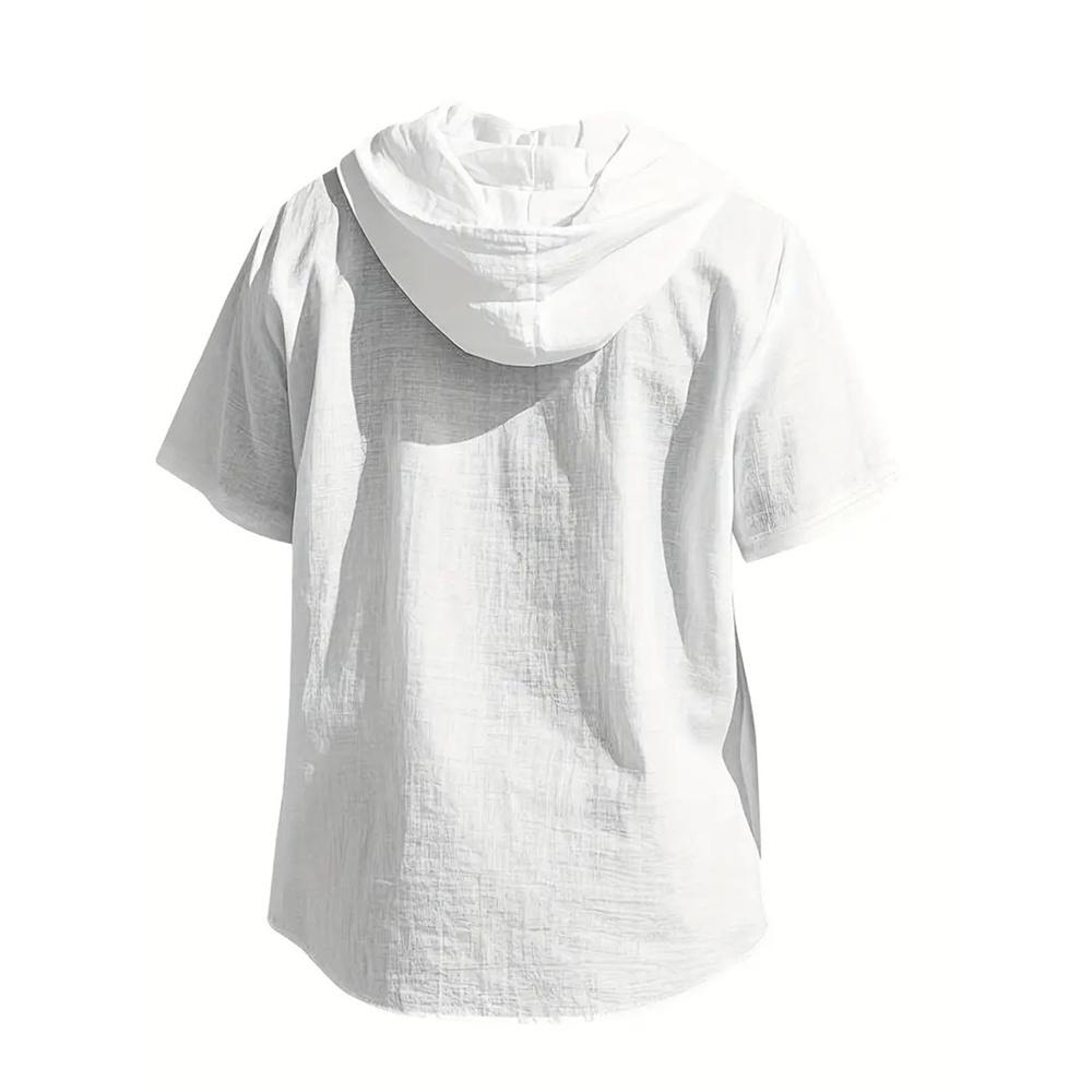 Summer Cotton Linen Shirt for Men Hooded Short Sleeve Solid Color Breathable Lightweight Drawstring Design Shirts Casual Basic Tees