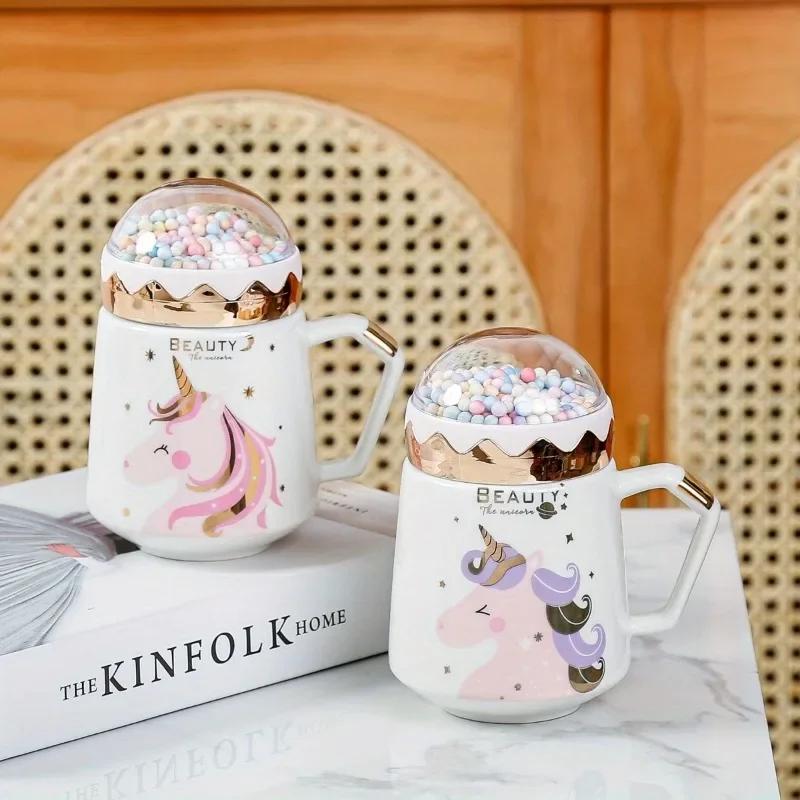 Unicorn Mug Creative Ceramic Coffee Cup Tea Cup Milk Breakfast Cup with Lid