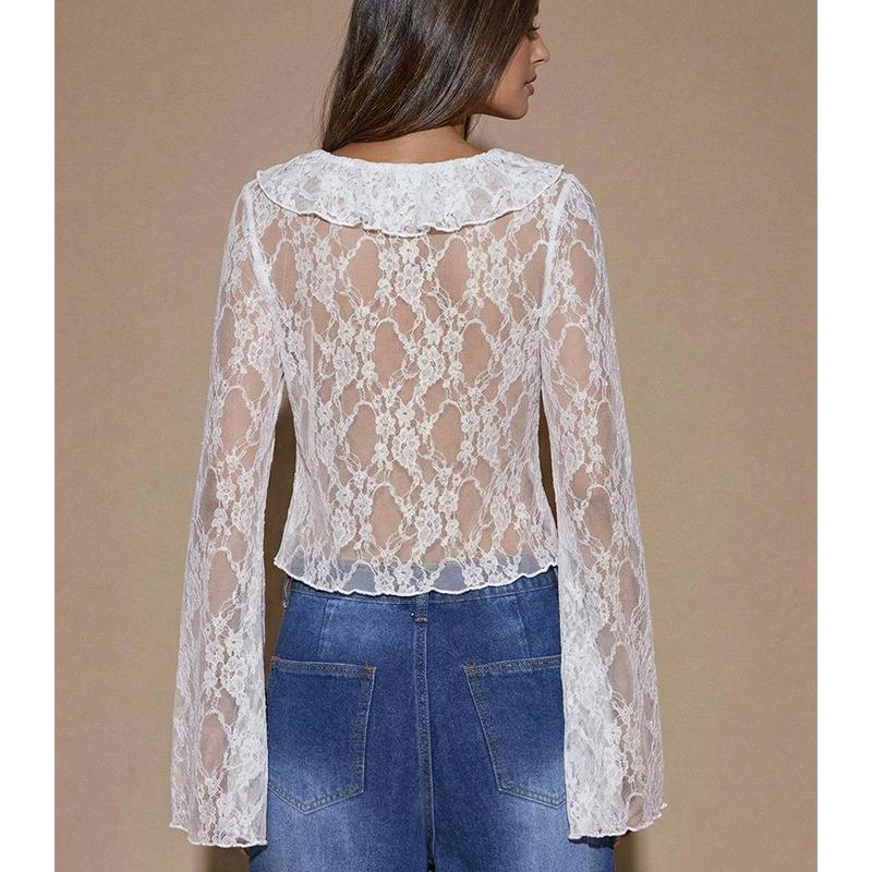 Sexy Going Out Tops for Women Long Sleeve Sheer Lace Front Tie Shirts