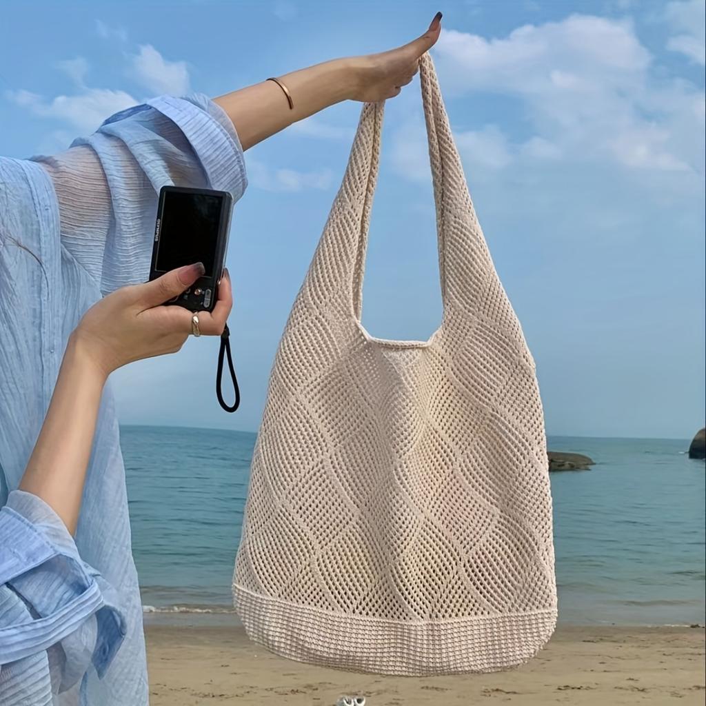 Atmungsaktive Strick-Tragetasche – Offene Strick-Umhängetasche für den Sommer mit geräumigem Design und geringem Gewicht für Strand, Shopping und Freizeitausflüge, Strand-Tragetasche