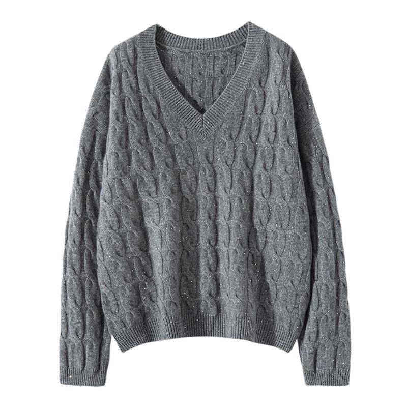 Women's V-Neck Loose Cable Knit Wool Sweater - Winter 2024 Casual Pullover Knitwear