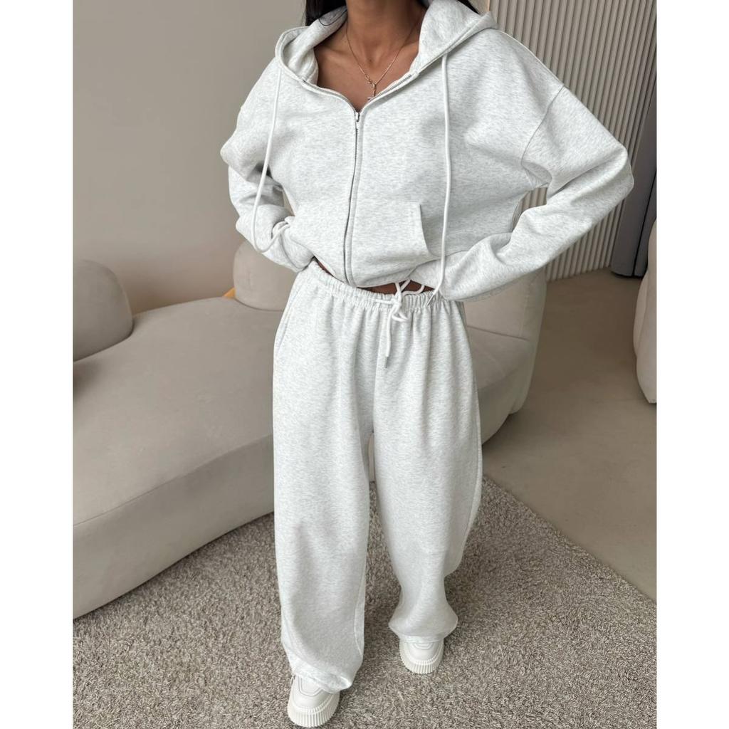 Sports Suit Long Sleeved Zipper Cardigan Hooded Sweatshirt with Zip Ties Long Pants Two-piece Cotton Set