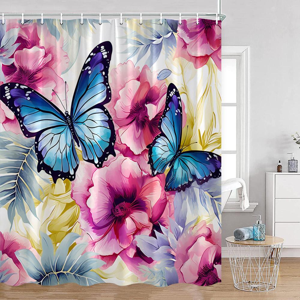 Watercolor Flowers Shower Curtains Colorful Flower Green Plants Botanical Bathroom Decorations Modern Aesthetic Bath Curtains