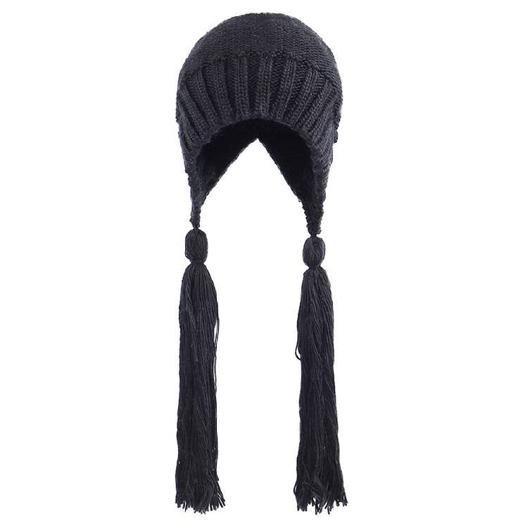 Solid Color Long Twist Braid Beanie Hat Ear Flaps Knitted Hat for Outdoor Sport