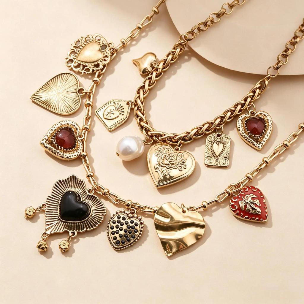 Fashionable Punk Metal Heart-Shaped Stacked Pendant Necklace Women's Retro Irregular Choker Party Outfit Chain Accessory Jewelry