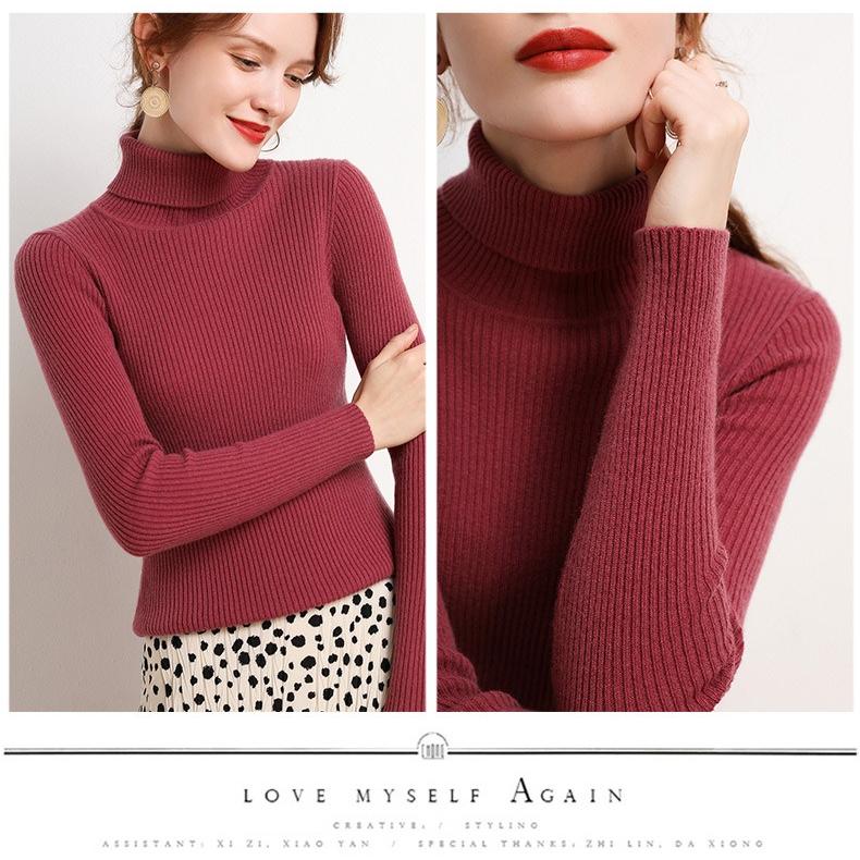 WomenTurtleneck Sweater Autumn Winter Slim Fit Pullover Tight Stretch Knit Base Shirt Long Sleeve Simple Pullover Knit Top