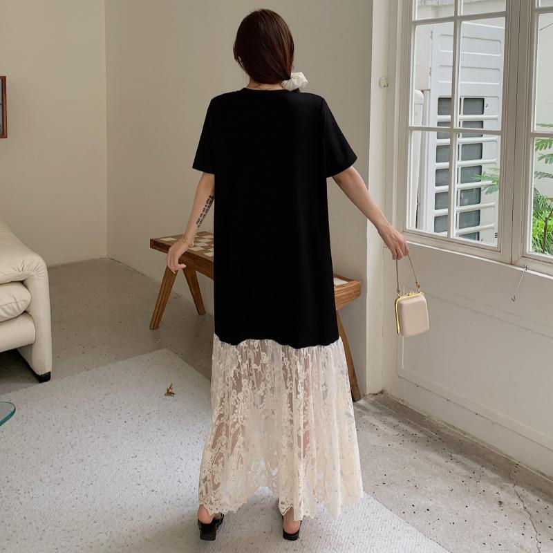 Dimanaf Vestido de verano de talla grande para mujer, holgado, vintage, informal, básico, de gran tamaño, con encaje empalmado, largo, 2025