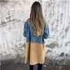 Women's Denim and Suede Double Breasted Mid-Length Coat with Patchwork Design
