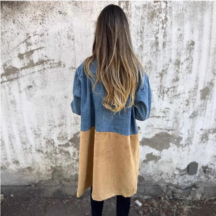 Women's Denim and Suede Double Breasted Mid-Length Coat with Patchwork Design
