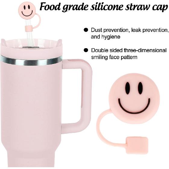 Whaline 4Pcs Smile Face Straw Cover Cap Pink Purple Mint Green Silicone Drinking Straw Topper 10mm 30&40 Oz Reble Straws Covers Double Sided Tumbler