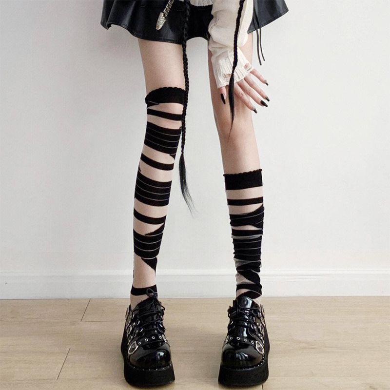 Damskie gotyckie rajstopy kabaretki odporne na rozdarcia - Czarne, styl Y2K