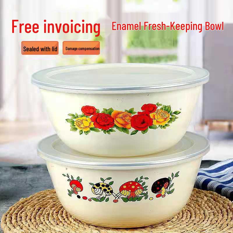 Vintage Enamel Storage Bowl with Lid - Large Capacity Soup & Noodle Basin