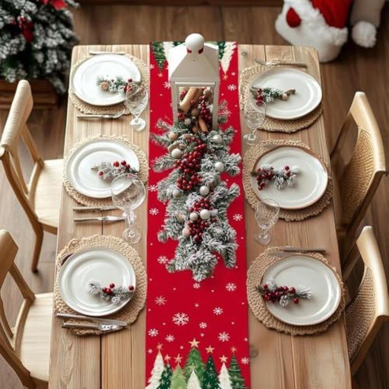 Christmas Table Runner - Rectangular Holiday Table Decoration, Red Christmas Tree Design, Suitable for Holiday Dining