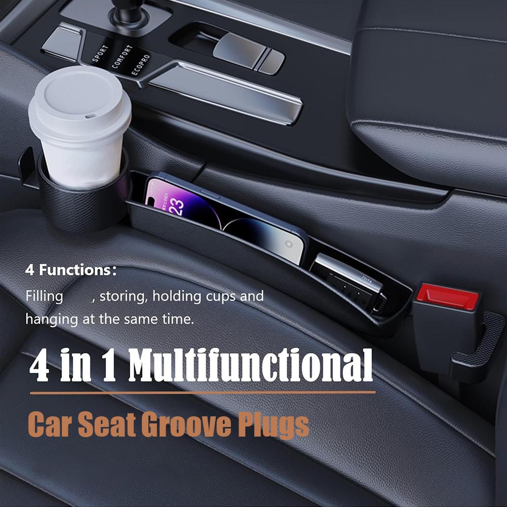 Dual Slot Car Seat Gap Organizer with Cup Holder, Universal Auto Gap Filler Strip 2 Pack with Seat Belt Holes