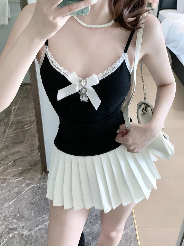 #Early Autumn New Sweet Polished Lace Polka Dot Sling Vest Female Slim and Thin Fixed Belt Chest Pad