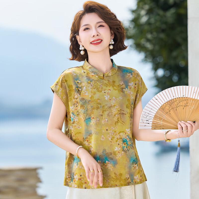 New Chinese Style Floral Print T-shirt for Women
