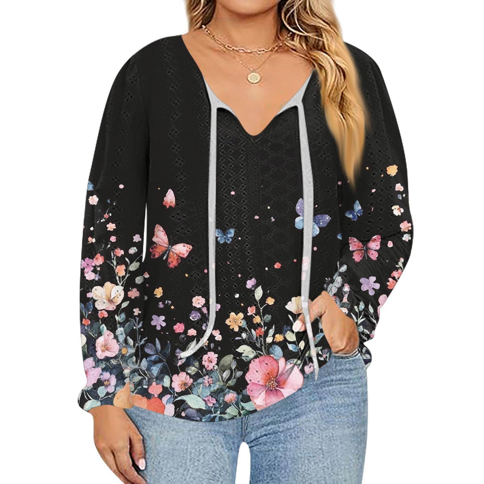 

Женский модный топ с принтом, повседневный, с V-образным вырезом и длинным рукавом XXXL чёрный