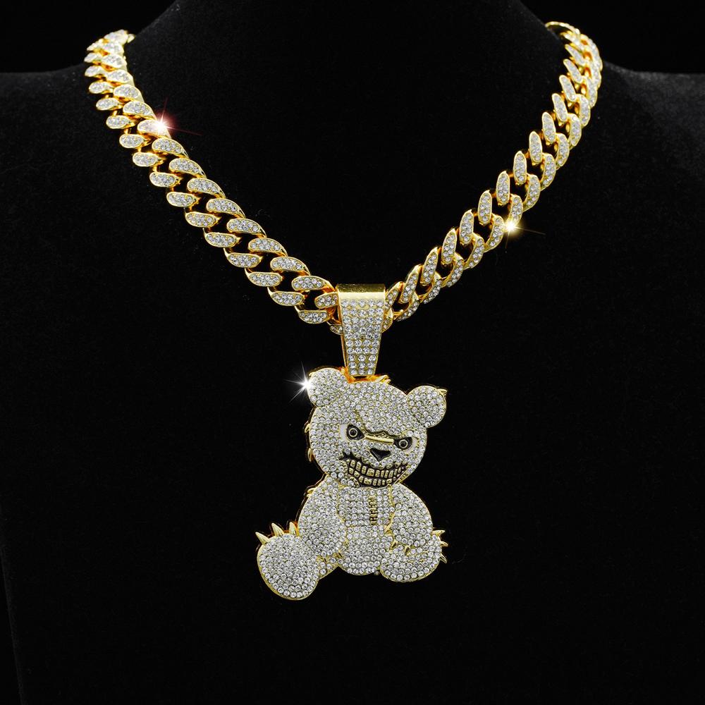 Hip Hop Aggressive Bear Pendants Necklaces with Miami Cuban Link Chain Brown Bear Men's Women Choker Collar Jewelry Accessories