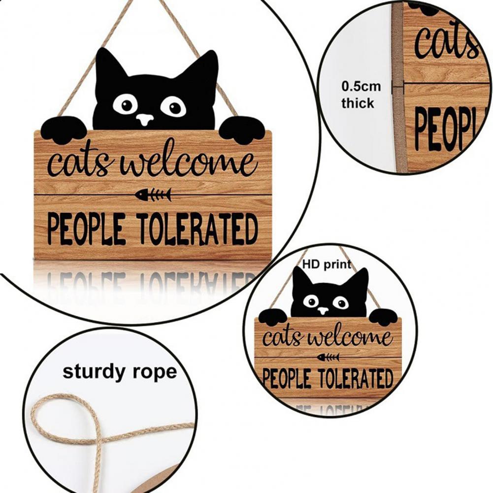 22*20cm Welcome Sign Boxwood Cat People Tolerated Sign Front Door Wall Hanging Wooden Plaque Hanger Black Kitten Garden Decor