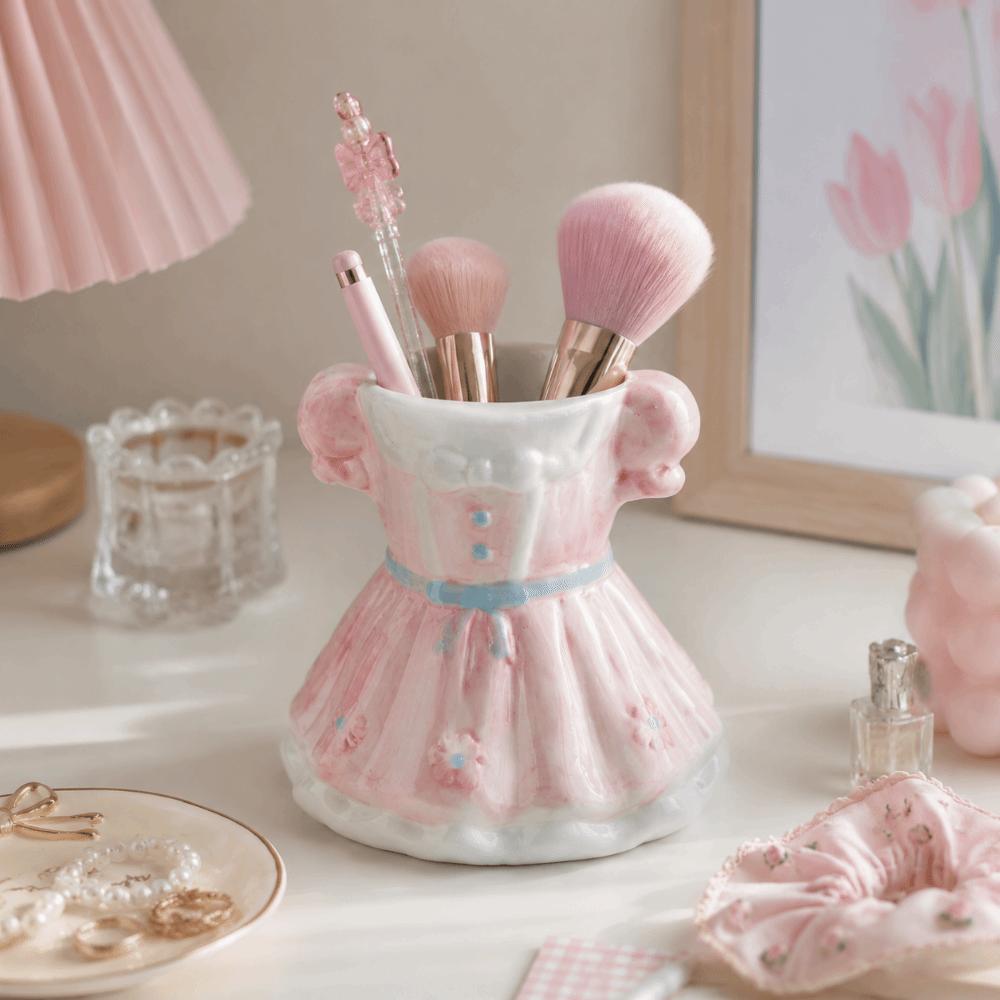 Ceramic Makeup Brush Holder Sweet Large Capacity Bow Pen Holder Organizer Desk Decoration Flower Vase Dressing Table Decor
