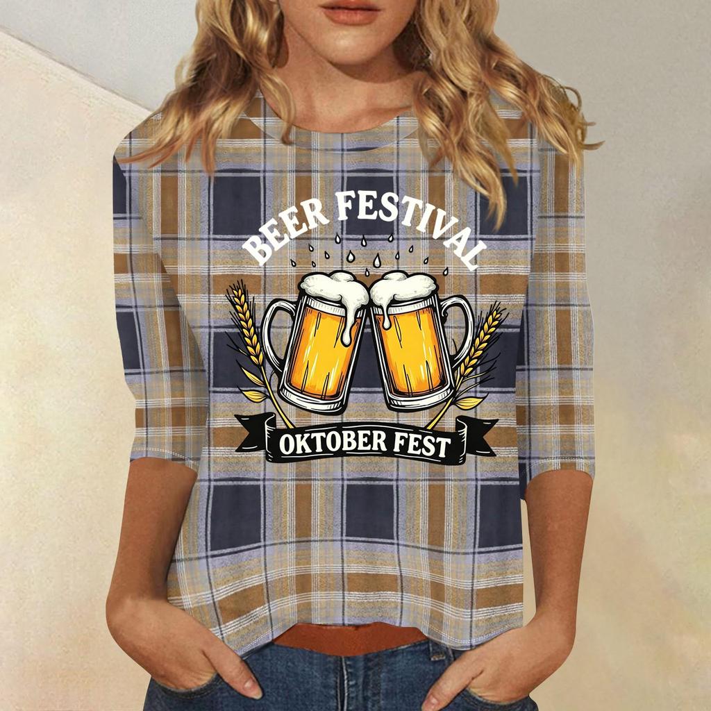 Women's Casual Plaid Three Quarter Sleeve Top Beer Festival Oktober Fest Graphic Print Round Neck Blouse