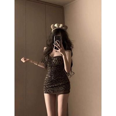 Hot Casual Neck Sling Leopard Print Dress for Women's Early Summer New Waist and Thin Inner Hip-wrapped Short Skirt