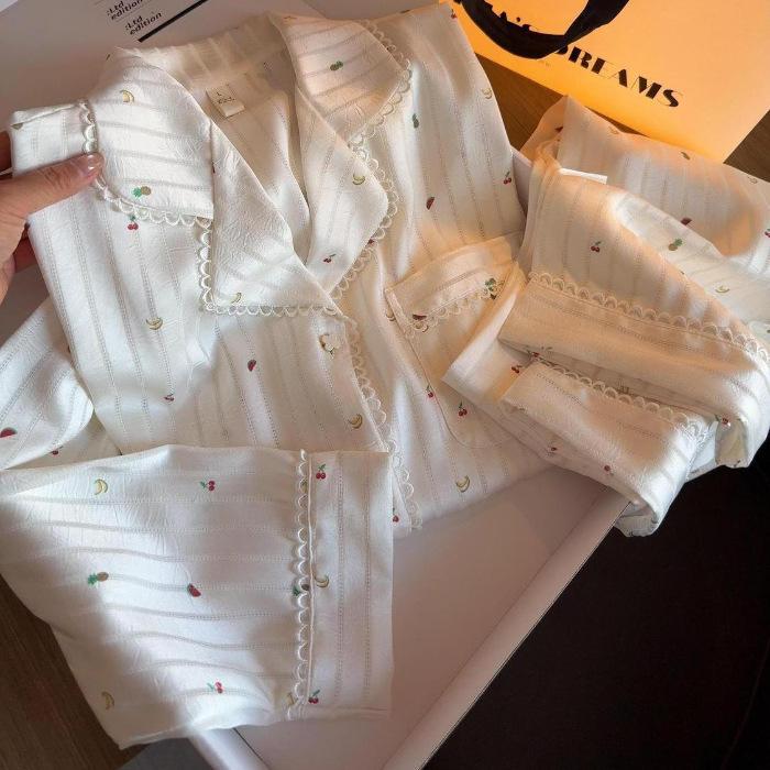 

Acetate striped pink flower ice and snow silk pajamas women s spring and autumn long-sleeved high-end outer wear cardigan loungewear set M
