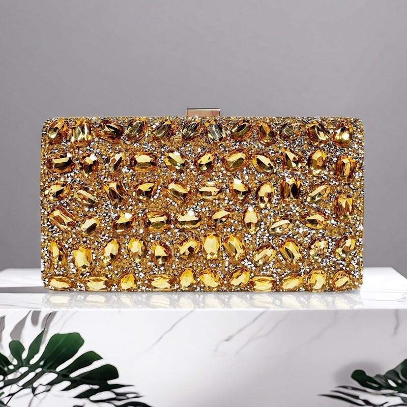 Gold Metal Handle Fashion Women's Handbag Crystal Shiny Rhinestones Diamond Evening Bag Wedding Party Clutch Purse Shoulder Bag
